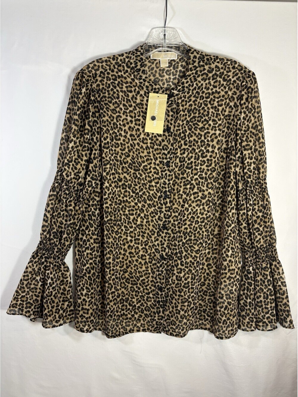 Michael Kors Leopard Blouse Womens L NWT Bell Sleeve Smocked Dark Camel